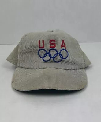 Vintage 1990s USA Olympics Rings Gray Corduroy Green Bill SnapBack Hat • $11.99