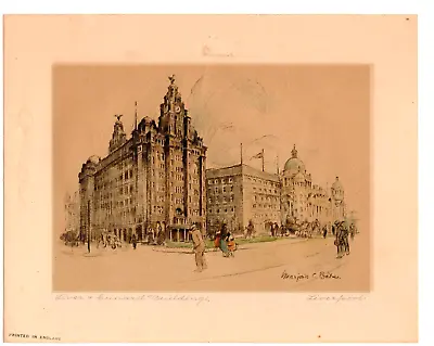 Signed  Marjorie C. Bates Colored Print Of Liver & Cunard Buildings Liverpool-SU • $24.99