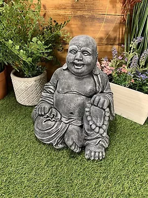 Stone Garden Laughing Buddha Sitting Down Lucky Zen Large Statue Ornament • £39.85