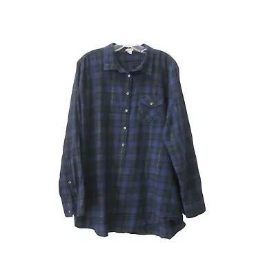 J CREW Blue Green Metallic Nightwatch Plaid Tabbed Sleeve Tunic Top Shirt Sz XL • £17.81