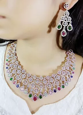 Bollywood Designer Indian Silver Plated AD CZ Necklace Jhumka Ear Set • $26.69