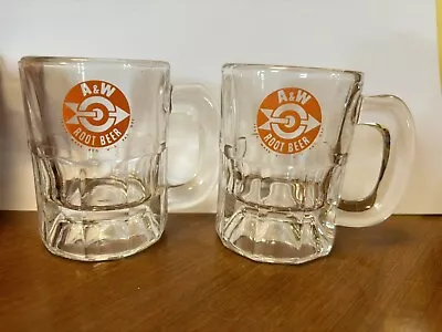 2- Vintage A&W Root Beer Mini Glass Mug Clear Arrow Orange Bullseye 3.25” Tall • £28.46