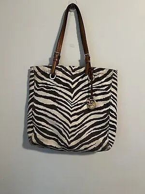 Michael Kors Zebra Print Canvas Leather Trim Tote Handbag Purse  • $39.99