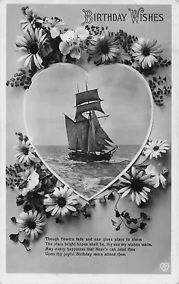 Antique Postcard Birthday Wishes Sailing Ship Love Heart Flowers  (CC4) • £5.99