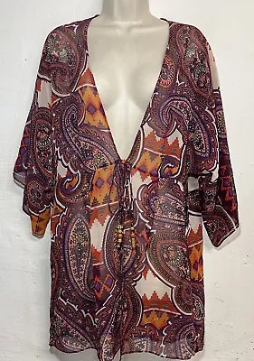 CAbi Large Epic Sheer Kimono Tunic Tie-Front Purple Orange Paisley #841 • $11