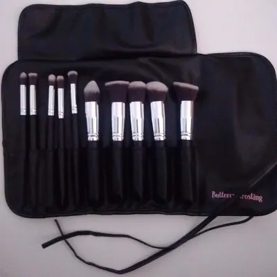 Beautiful 10 Pcs Kabuki Brush Set With Black Brush Roll Storage Case F/brushes • $17