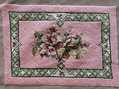 Vintage Finished Needlepoint Floral Peach Green Wall Decor Pillow Seat Cushion • $18