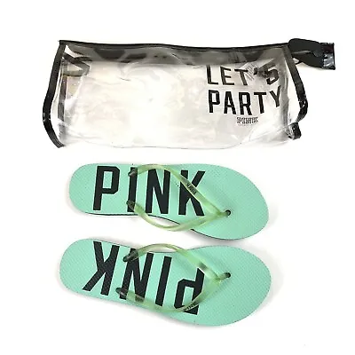 PINK Victorias Secret Flip Flops Sandal Slip On Size Small (5-6) Green Spell Out • $29.95