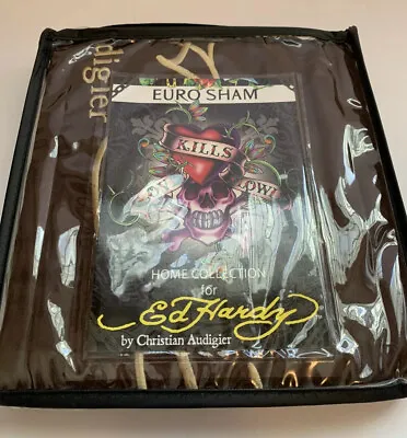 Ed Hardy EAGLE Gold On Brown Euro Sham Pillow Case Audigier Auth NEW • $24.95