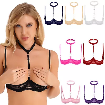 UK Womens Sexy 1/4 Cup Bra Mesh Underwired Sheer Lace Push Up Brassiere Lingerie • £13.39