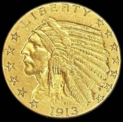 Mint 1913 GOLD UNITED STATES $5 DOLLAR INDIAN HEAD HALF EAGLE COIN • $705