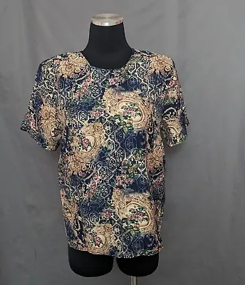 Vtg ANDRE SAUVAGE Ornate Floral Silky Top Medium Lightweight Maximalism 80s EUC • £9.64