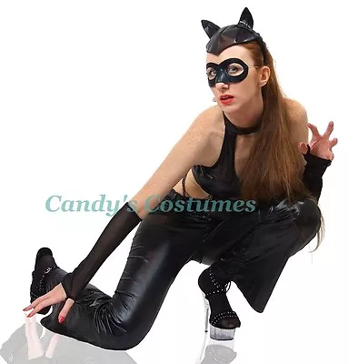 Black CAT Sexy LEATHER-LOOK Catwoman COSTUME Pants CATSUIT Gloves EARS Size 10 • $28