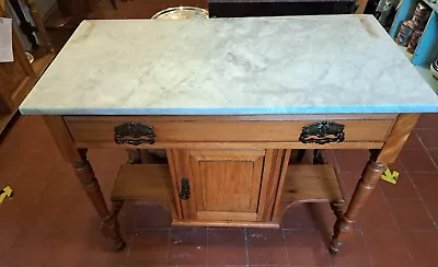 Vintage Early 1900's Wash Stand Marble Top  One Drawer & Cupboard Castor Wheels • £265