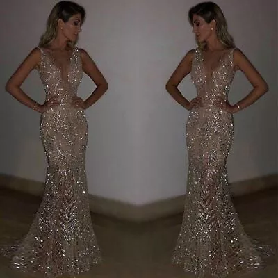 £27.26 • Buy Womens Long Maxi Dress Sequins V Neck Ball Gown Prom Evening Party Sparkly Bling