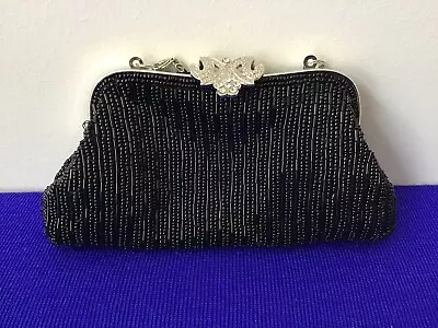 Moni Couture Black Small Beaded Purse Bag  Ornate Clasp Silver Chain  (p5) • $7.95