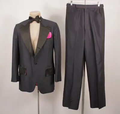 Mens VTG 70s 2 PC Navy Blue Tuxedo W Bowtie Sz S 1970s Wool Tux Taj Mahal's • $89.99