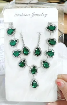 £5.99 • Buy Sparkling Silver Green Wedding Bridal Crystal Rhinestone Necklace Earring Set UK