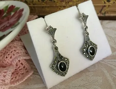 Vintage Jewellery Onyx Marcasite Sterling Silver Earrings Antique Deco Jewelry • $495