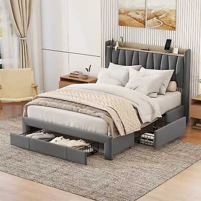 Queen Size Upholstered Platform Bed Frame With Storage Headboard & 3 Drawers • $324.99