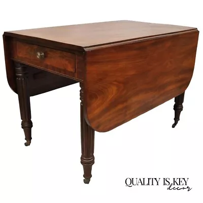 19th C Crotch Mahogany Federal Drop Leaf Breakfast Dining Table W/ Drawer • $2250