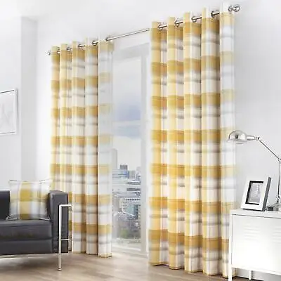 Ochre Eyelet Curtains Balmoral Tartan Check Lined Mustard Ring Top Curtain Pairs • £6