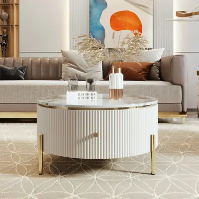 Modern Round Coffee Table 2 Large Drawers Storage Accent Table(31.5'') Off White • $338.99