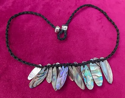 Paua Abalone And Silver Necklace With Black Cord Signed Thaye? • £3.99