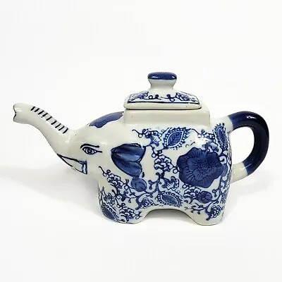 Vintage Blue And White Porcelain Elephant Teapot 8  Floral Lidded • $21.99