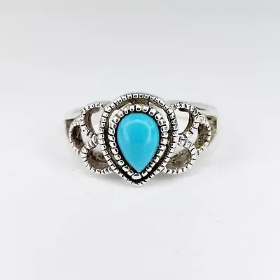 Vintage LJ Natural Turquoise Filigree Teardrop 925 Sterling Silver Boho Ring • $19.99