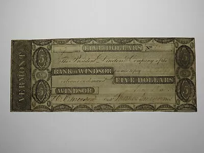 $5 1835 Windsor Vermont VT Obsolete Currency Bank Note Bill! Bank Of Windsor VF • $94.99