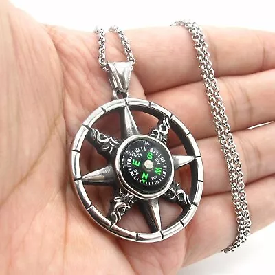 MOYON Vintage Mens Working Nautical Compass Necklace Pendant Stainless Steel • $11.99