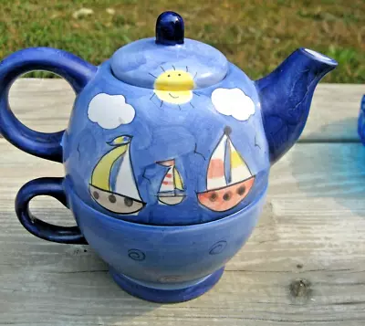 Collectable-Unique-Hand Painted-Nantucket-Nautical-Personal-Tea Pot Brewer +cup • $37