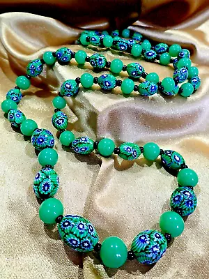 Antique Venetian Bead Necklace Matched Cane Uranium Glass Millefiori Opera 40in • £125