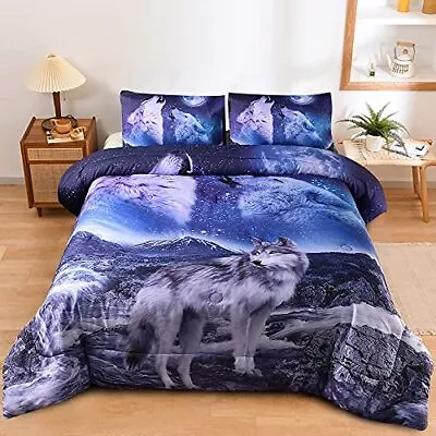 Moon Wolf Comforter Set Kids Teens Men Queen Bedding Set Animal Wolves Printed Q • $53.85