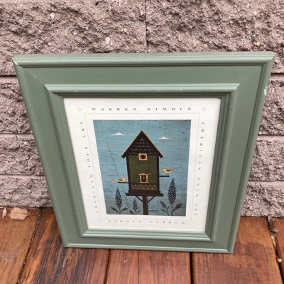 $34 • Buy Vintage Print American Folk Art Birdhouse With Birds Blue Flowers Warren Kimble