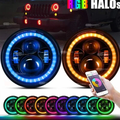 $82.99 • Buy For Jeep Wrangler JK TJ LJ Halo RGB 7'' LED Headlights DRL Lights Combo Kit Pair