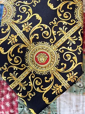 Vintage Versace Silk Tie. Rare Medusa Head Gold Black Red Lattice Silk Baroque • $425