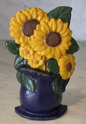 Vintage Heavy Cast Iron Hand-Painted Sunflower Bouquet Door Stop • $19.99