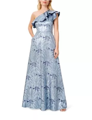 Aidan Mattox Slate Blue One Shoulder Floral Ruffle Gown Maxi Dress Size 4 NWT • $149.99