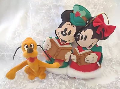 Fabric Mickey And Minnie Mouse Plus Flock Covered Pluto Christmas Ornaments • $8.99