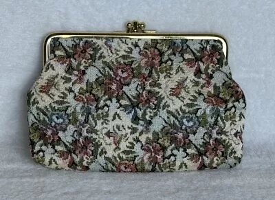 Vintage Kiss Closure Embroidered Tapestry Clutch Victorian Purse Coin Bag • $11.50