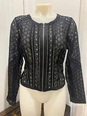 KATIES Black Lace Embroidered Sheer Jacket Zip Front Bomber AU10 UK12 US8 Bolero • $22.95