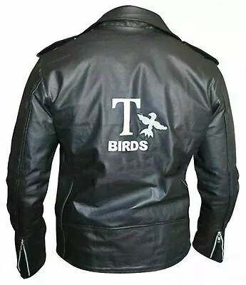 Men's T-Birds Gang Grease 2 Slim Fit Motorcycle Black Leather Jacket • $89.99