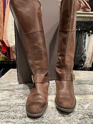 VINCE CAMUTO Brown Leather Riding Boot Size 7 Gold Hardware Wide Calf • $25