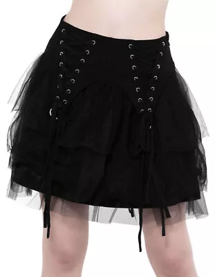 Killstar Doom Doll Gothic Black Corset Lace Up Mesh Tiered Mini Skirt Size XS • £22