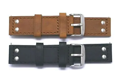 20 22mm Black Or Brown Quality Rivet Style Crazy Horse Leather Watch Strap Band • $13.25