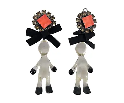 MARNI Rhinestones Black Bow Lucite Body Figurine Hook Earrings 3  L • $399