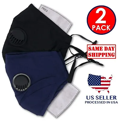 2-Pack Reusable Washable Cotton Cloth Face Mask Filter & Air Valve (Black Navy) • $8.95