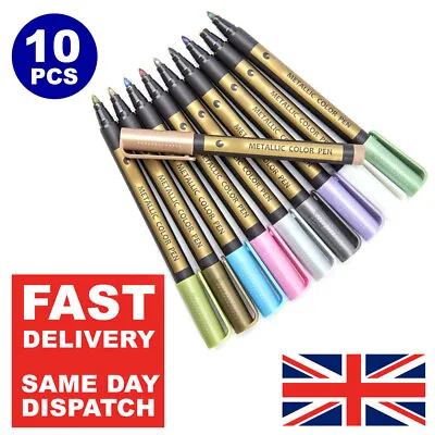 10 Metallic Pens Paint Marker For Paper Gift Card Glass Wood Metal Rock Fabric • £5.95